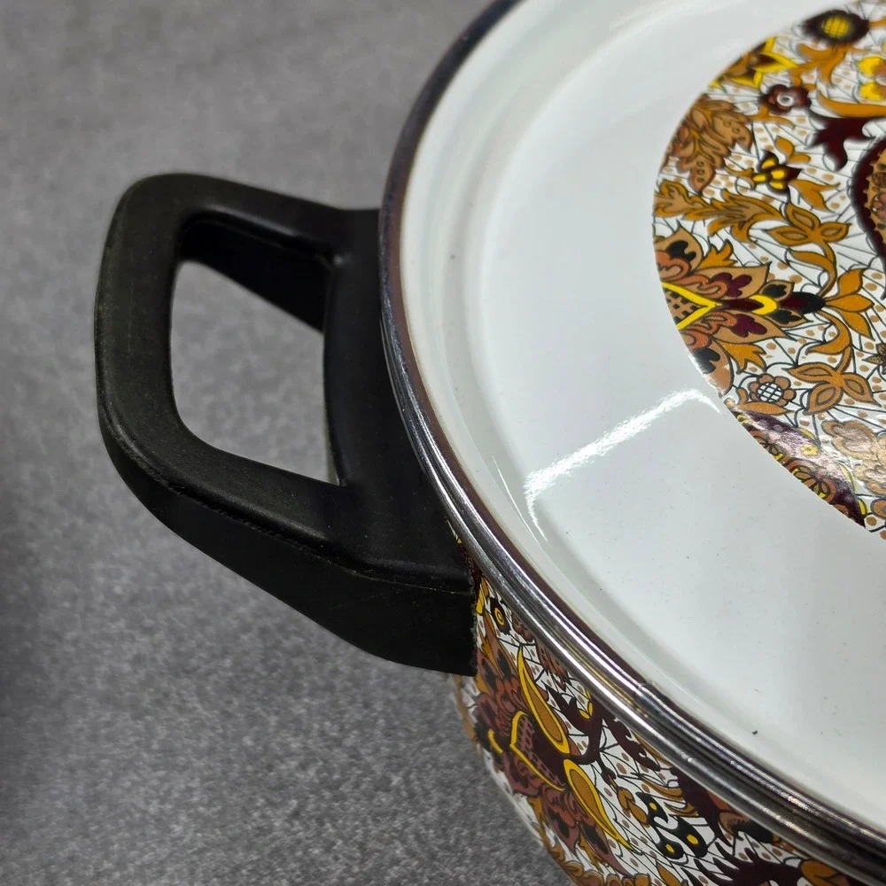 Vintage Fancipans Enamelware Stockpot Set 2pc Brown Gold Paisley Floral 70s